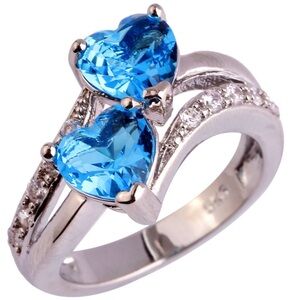 Blue & White Topaz Hearts Silver Ring